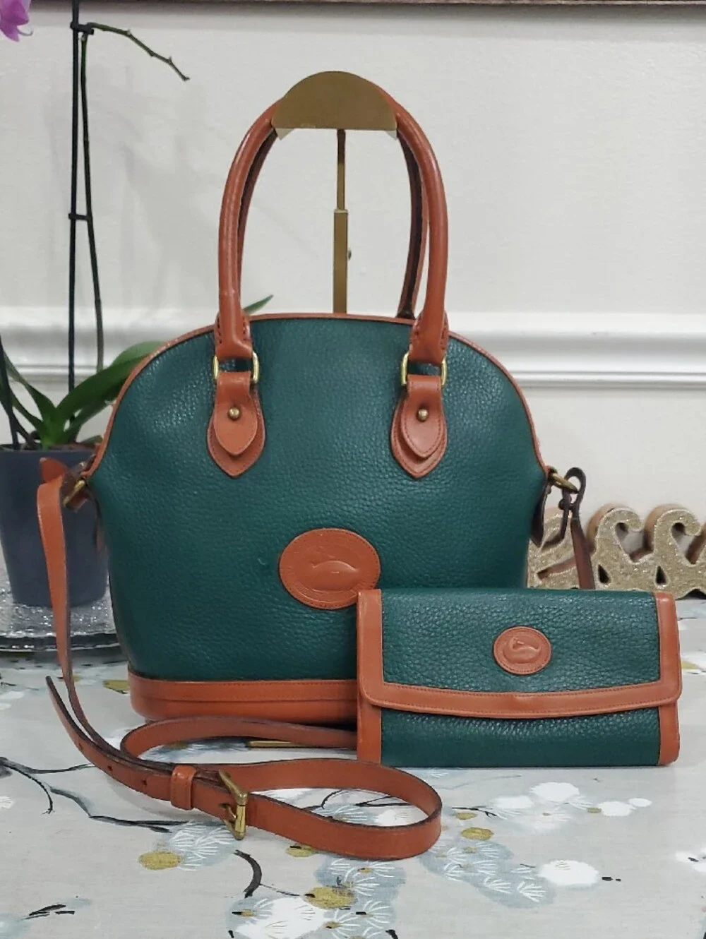 VINTAGE Dooney & Bourke Green and Tan Leather Satchel Bag with Matching Wallet